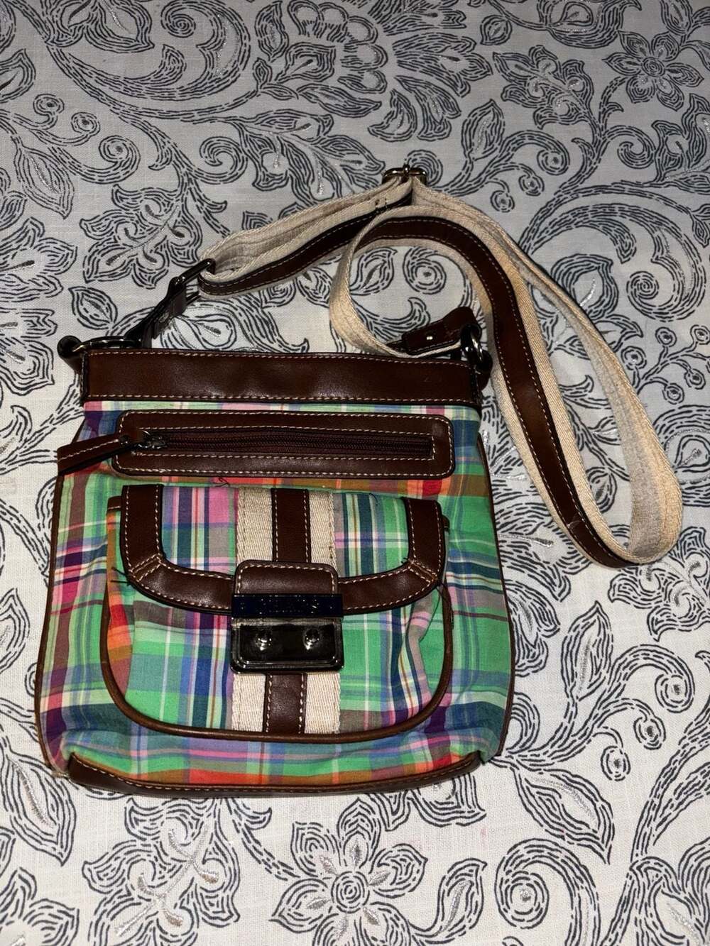 2000s Chaps Plaid Multicolor Crossbody Bag with Brown Trim Colorful Y2K